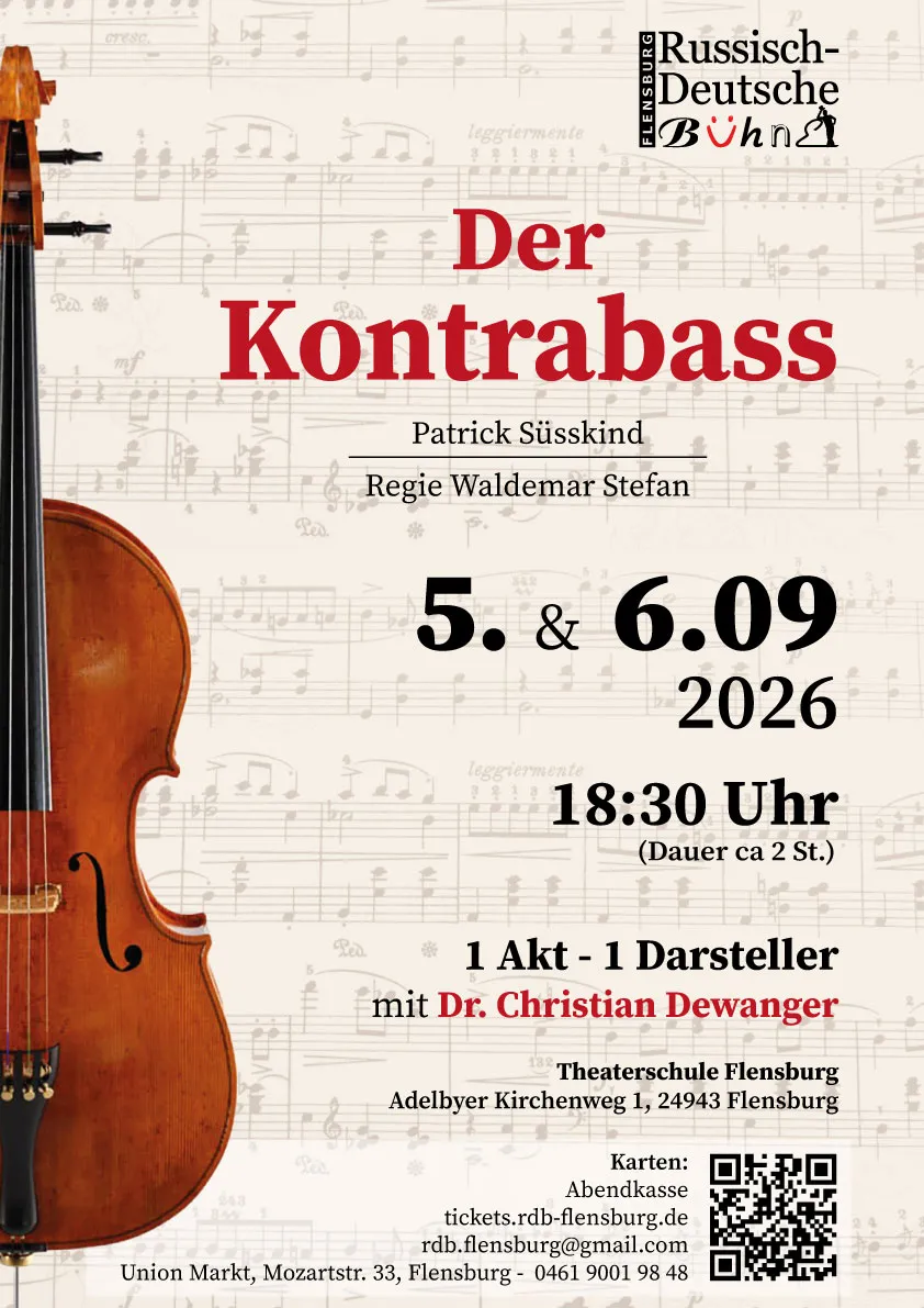 Kontrabass vor cremefarbenem Notenblatt, Stücktitel in Rot